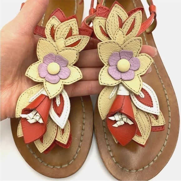 COACH Thong Sandals Sierra A8535 Flowers Orange Leather Sz 5B - Picture 2 of 8